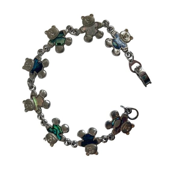 Teddy Bear Bracelet Silver Tone Linked Bears Blue Pink Green Enamel - Picture 4 of 9